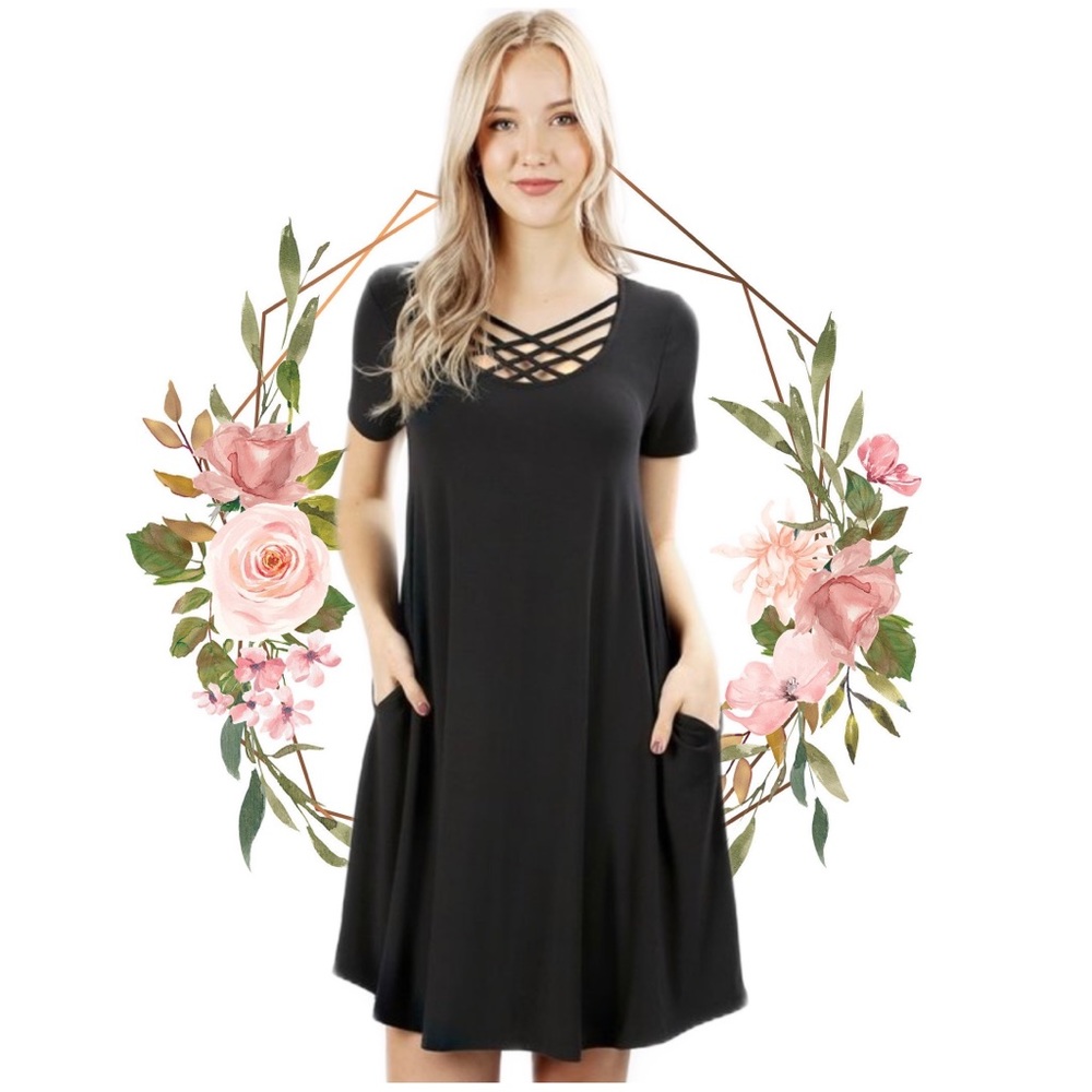Black Criss Cross Strappy Tunic Dress W/ Pockets